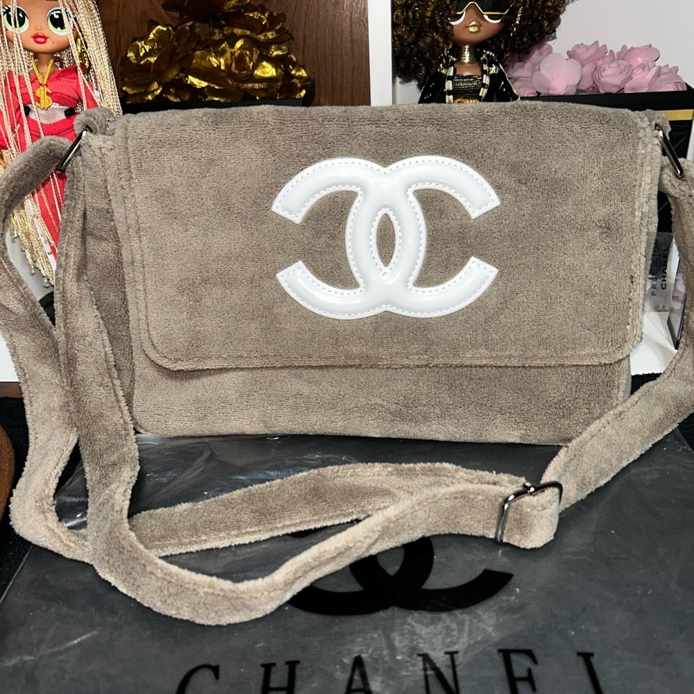 Chanel Precision Novelty Taupe Suede Crossbody with White CC Emblem